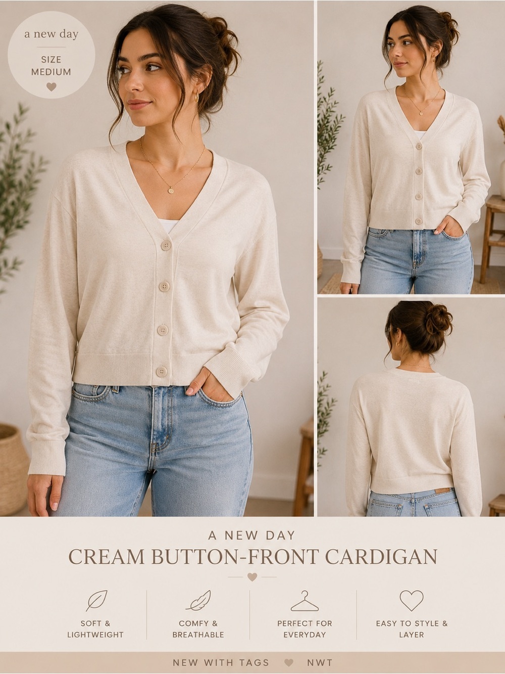 A New Day Cream Button-Front Cardigan – Size Medium – NWT